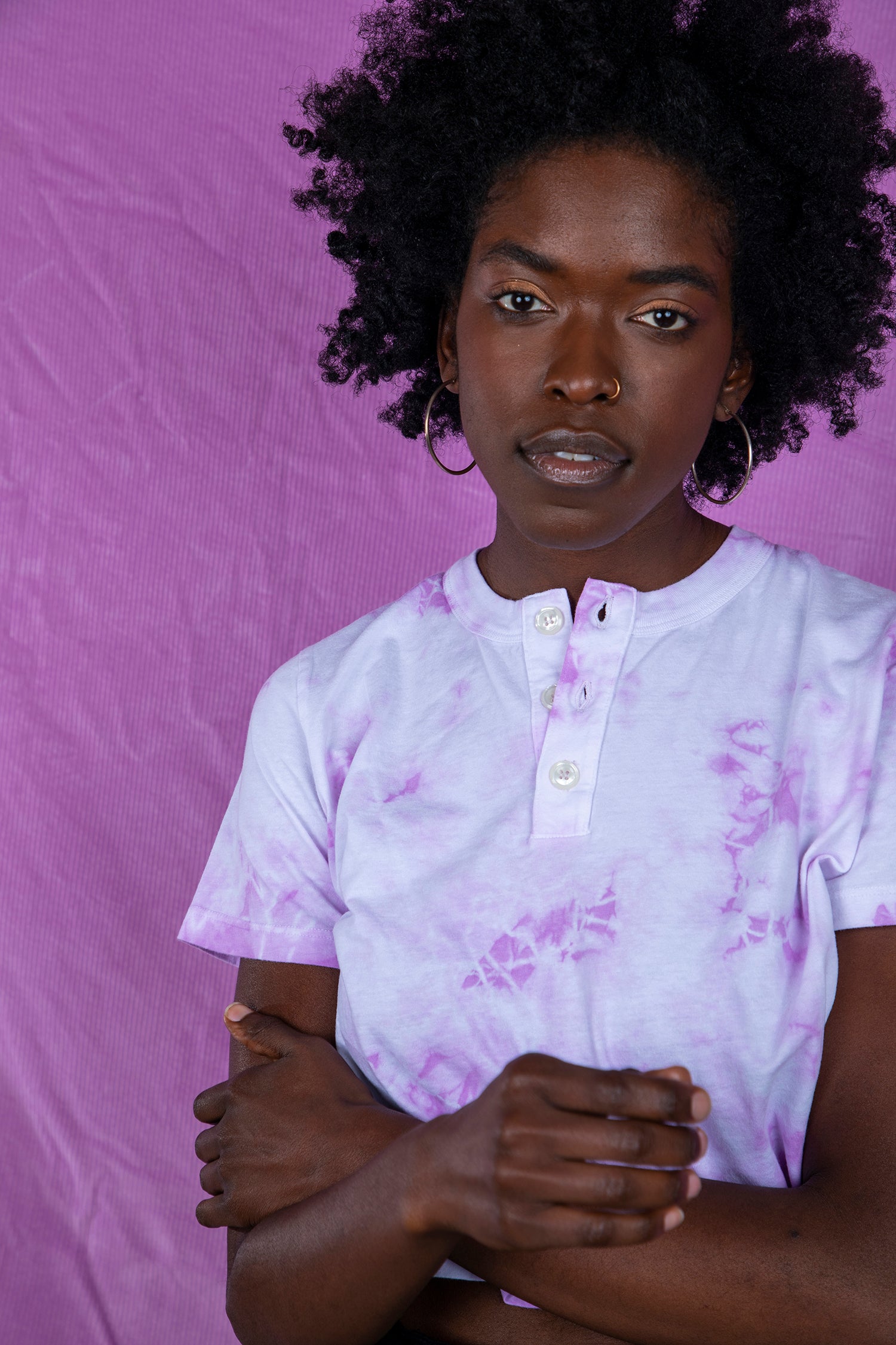 Reece wearing Lilac Crop Henley