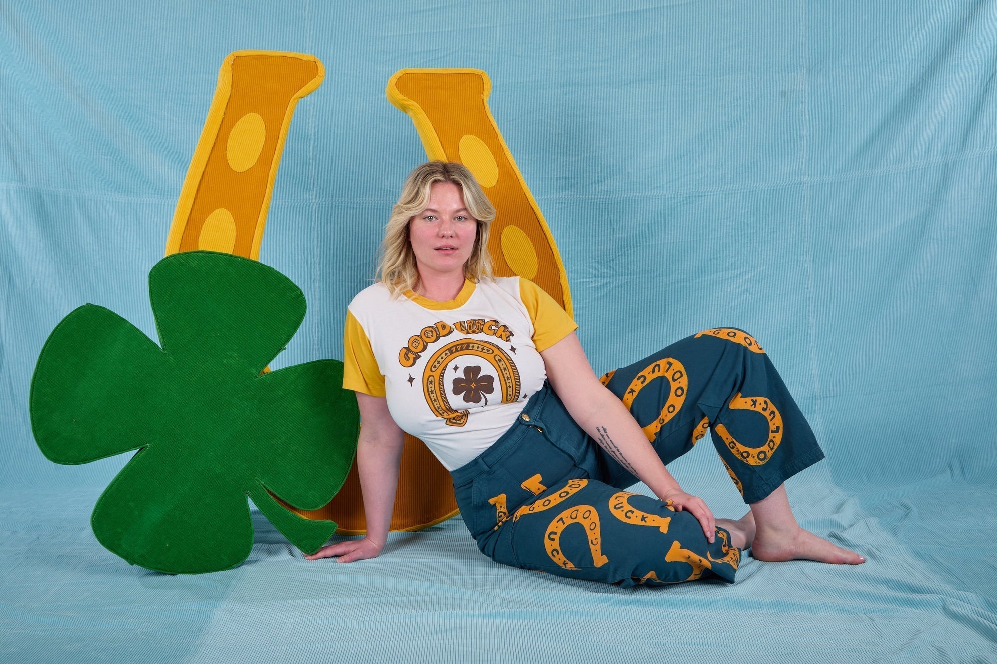 Lish is wearing Golden Horseshoe Organic Tee and Paintstamped Horseshoe Work Pants