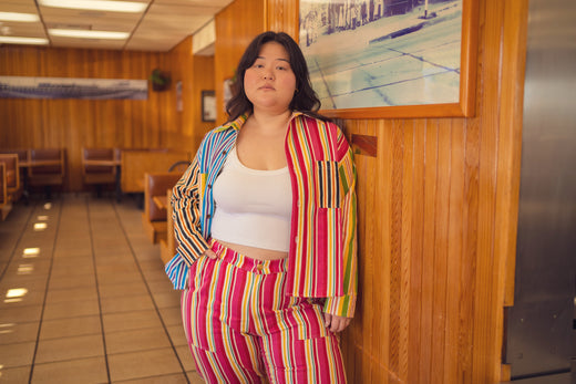 Ashley is wearing Cropped Overshirt in Mixed Stripes and matching Work Pants