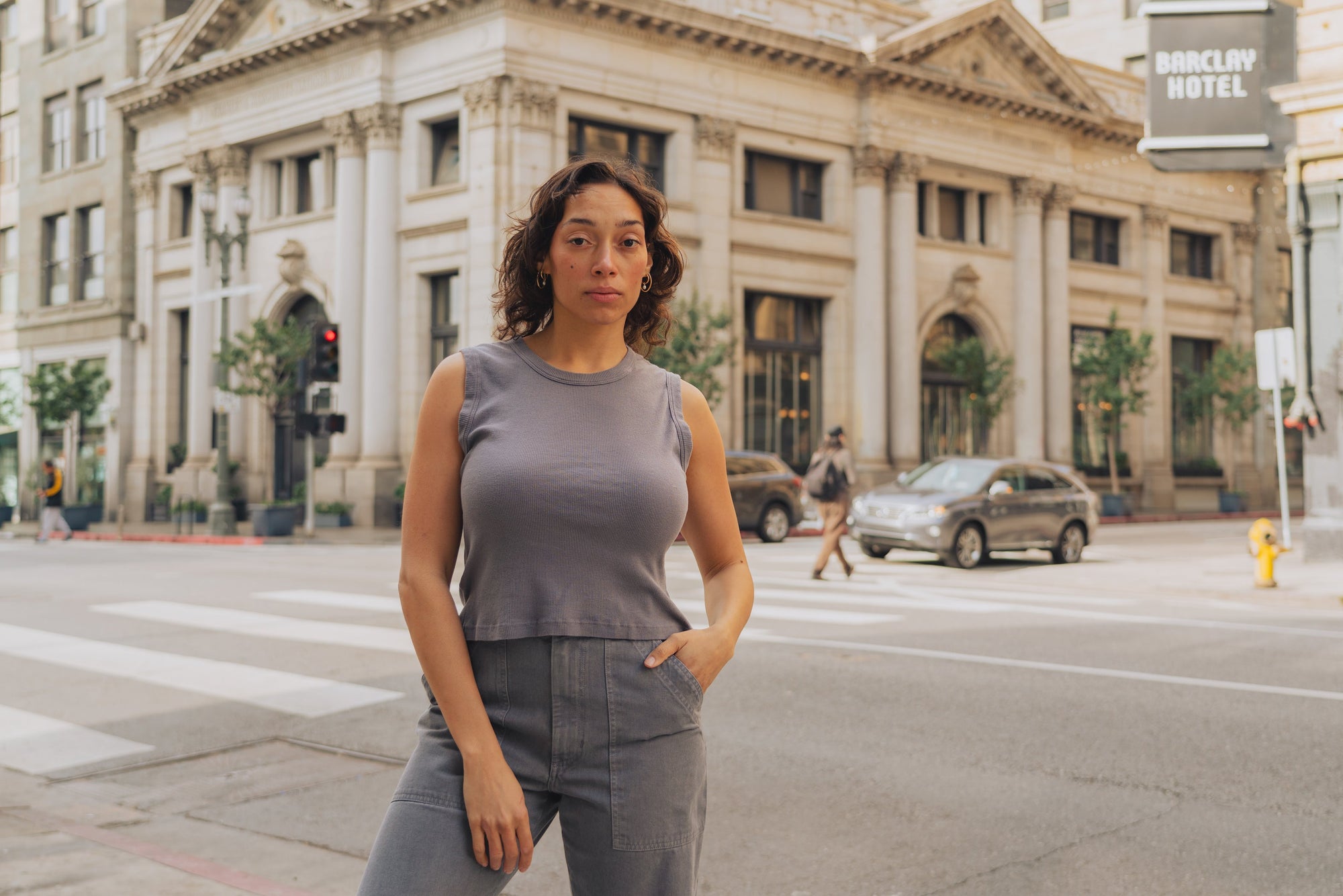 Tiara is wearing the Muscle Tee and Work Pants in Washed Grey