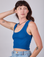Alex is 5'8" and wearing P Cropped Tank Top in Royal Blue