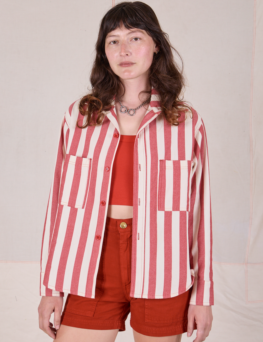 Tシャツ・カットソー ^LEATHERY^ Multi-stripe cropped rugby shirt CHERRY RED LRTS5 01E-