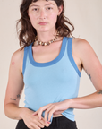 Alex is 5'8" and wearing P Colorblock Cropped Tank in Baby Blue