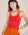 Alex is 5'8" and wearing P Colorblock Cropped Tank in Mustang Red