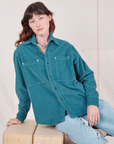 Alex is wearing Corduroy Overshirt in Marine Blue