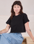 Alex is 5'8" and wearing P Cropped Burly Tee in Basic Black