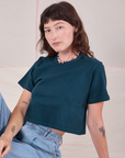 Alex is 5'8" and wearing P Cropped Burly Tee in Lagoon