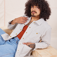 Jesse is wearing Denim Work Jacket in Dishwater White