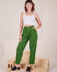 Alex is 5'8" and wearing XXS Heavyweight Trousers in Lawn Green paired with Cropped Cami in vintage tee off-white