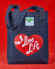 Dark denim everyday tote with a red heart and script that says I love L.A.
