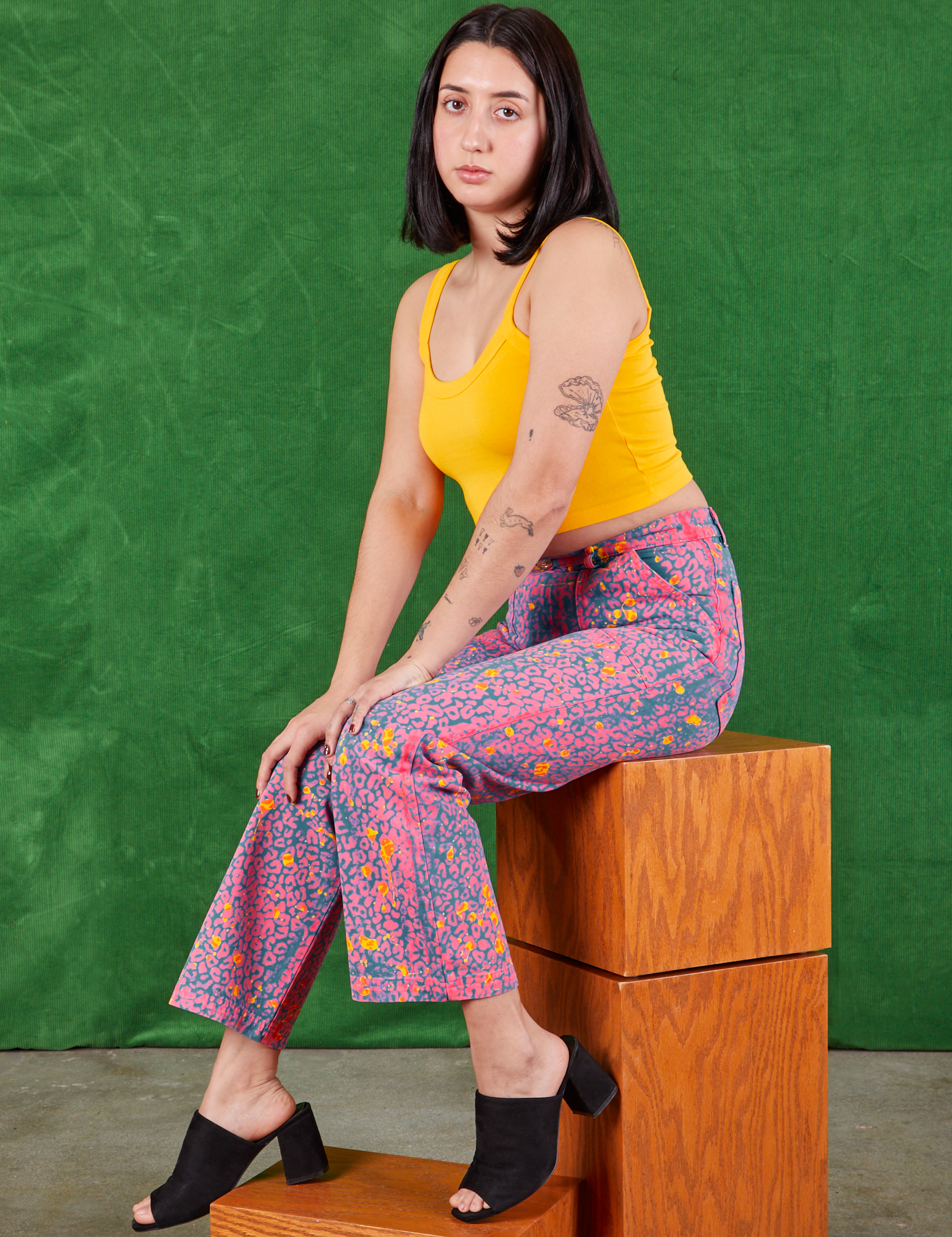 Work Pants in Electric Leopard and sunshine yellow Cami on Betty