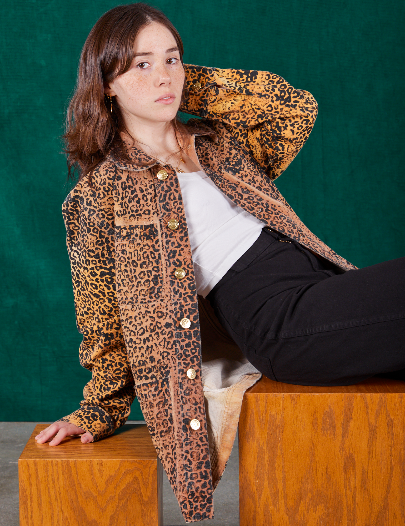 Hana is wearing Field Coat in Leopard Print