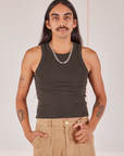 Anthony is 5’10” and wearing S Racerback Tank in Espresso Brown