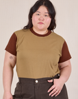 Ashley is 5’7” and wearing L Mismatched Tee in Tan & Brown
