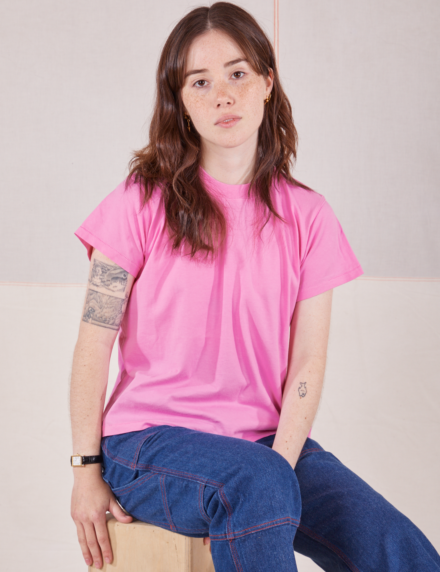 Hana is wearing The Organic Vintage Tee in Bubblegum Pink