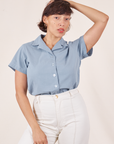 Tiara is 5'4" and wearing XS Pantry Button-Up in Periwinkle