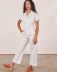 Blair is 5'3" and wearing XXS Petite Short Sleeve Jumpsuit in Vintage Tee Off-White