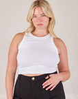 Lish is 5’8” and wearing L Racerback Tank in Vintage Tee Off-White