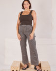 Tiara is 5'4" and wearing S Railroad Carpenter Jeans in Vintage Tan paired with espresso brown Square Neck Tank
