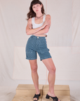 Alex is 5'8" and wearing XXS Railroad Carpenter Shorts in Baby Blue