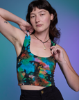 Alex is 5'8" and wearing P Rainbow Magic Waters Cropped Tank