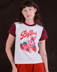Alex is 5’8” and wearing P Vintage Tee in Strawberry Milk