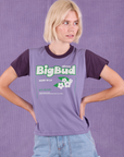 Madeline is 5'9" and wearing P Vintage Tee in Grape Soda