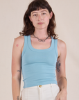 Alex is 5'8" and wearing P Tank Top in Baby Blue