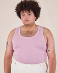 Miguel is 6'0" and wearing 2XL Tank Top in Lilac