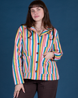Sydney is 5’9” and wearing XS Stripe Work Jacket in Rainbow Stripe