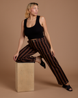 Black Stripe Work Pants in Fudgesicle Brown and black Cropped Tank on Tiara