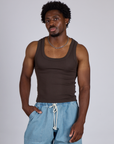 Isaac is 5’10” and wearing M The Tank Top in Espresso Brown