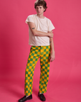 Quinn is 6'3" and wearing M Checkerboard Work Pants in Green/Yellow paired with an Organic Vintage Tee in Vintage Off-White