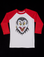 Raglan Tee in Dracula. White body 3/4 sleeve tee with red sleeves.