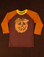 Raglan Tee in Jack-O-Lantern. Fudgesicle Brown tee body with orange 3/4 sleeves and yellow neckline