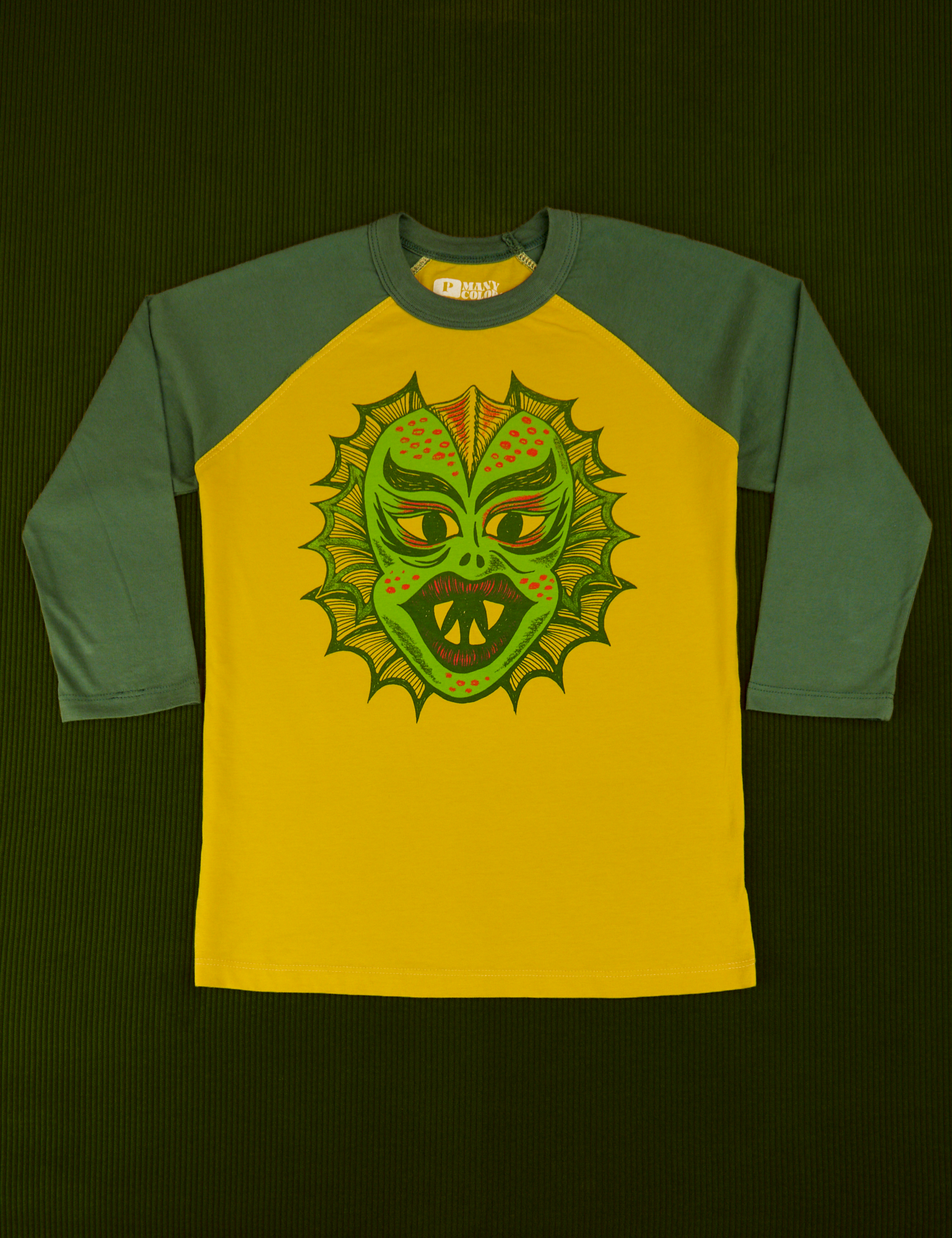 Raglan Tee in Creature. Yellow tee body with green 3/4 sleeves.