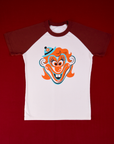 Raglan Tee in Clown. Clown graphic on center of white tee body with red sleeves.