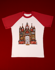 Short Sleeve Raglan Tee in Gates of Hell. White tee body with red sleeves.