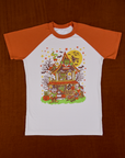 Short Sleeve Raglan Tee in Haunted House. White tee body with orange sleeves.