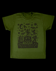 Vintage Tee in Papercut. Green shirt body with black graphic of pumpkin, devils, a witch, scarecrow bats and the moon.