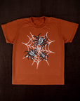 Vintage Tee in Spidey. Orange tee body with a black and white spider graphic.