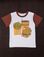 Anniversary Tee in Fast Food. Vintage tee off-white body with fudgesicle brown sleeve and neckline. Graphic of burger, fries and a soda ont he front of tee.