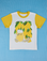 Anniversary Tee in Lemon. Vintage Off-White t-shirt body with yellow sleeves and neckline. Graphic of lemons and a pitcher of lemonade on the tee.