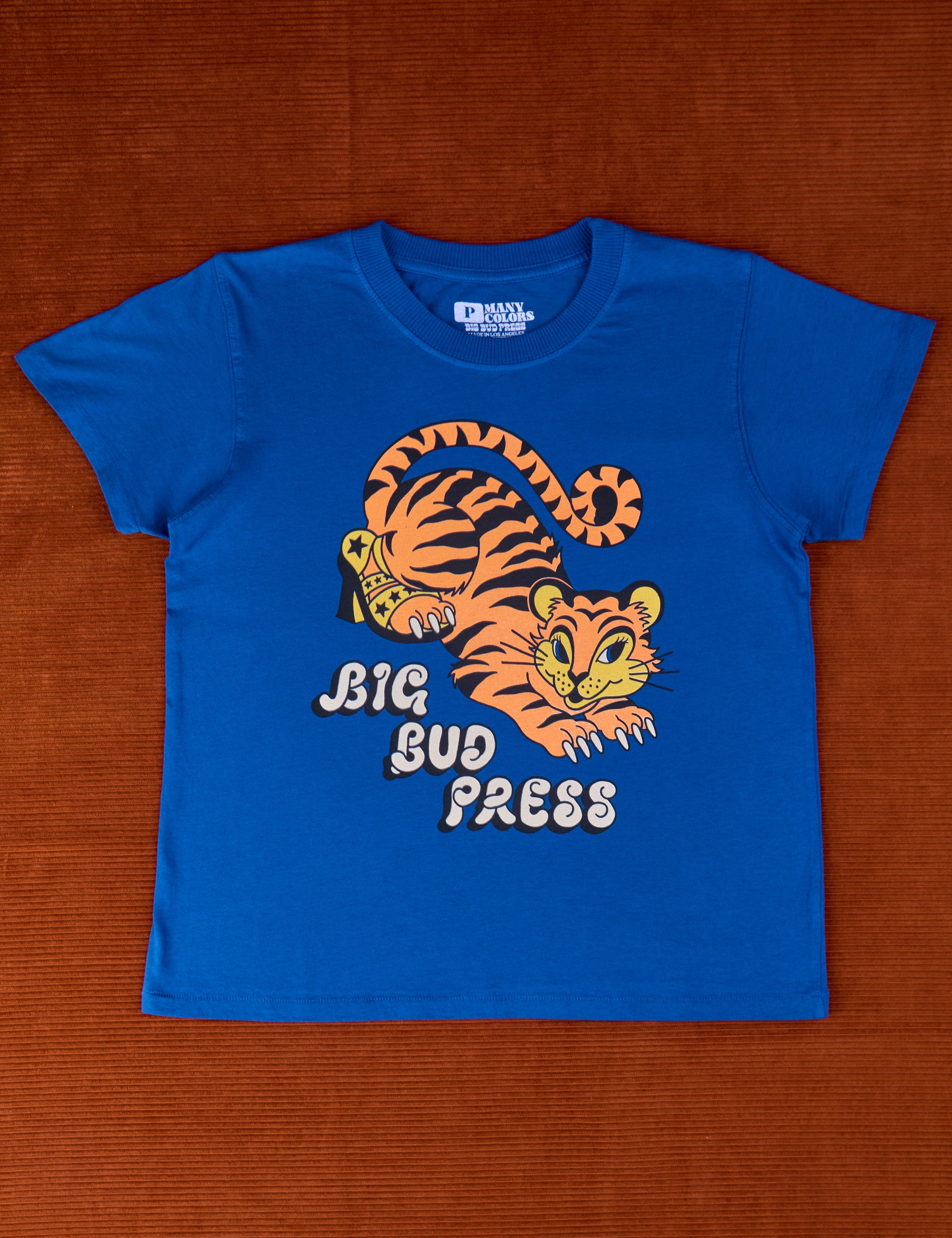 Big Bud Press Tiger Print Graphic Tee on Royal Blue t-shirt body