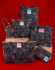 Spider Webs Printed Bags: Everday Tote, Shopper Tote, Zip Mini Tote, XL Zip Tote, Pencil Pouch and Cell Phone Tote with a red background