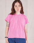 Hana is 5'3" and wearing P Organic Vintage Tee in Bubblegum Pink