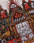 Close up of gates of hell graphic in black, red and yellow.