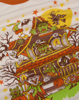 Close up of haunted house in brown, orange and yellow with a witch, ghost, frankenstein, Dracula and goblin.
