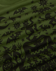 Close up of black graphic of pumpkin, devils, a witch, scarecrow bats and the moon.