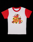White body with mustang red sleeves and neckline. Yellow heart with red Big Bud text and black hearts. Two red devils surround the heart.